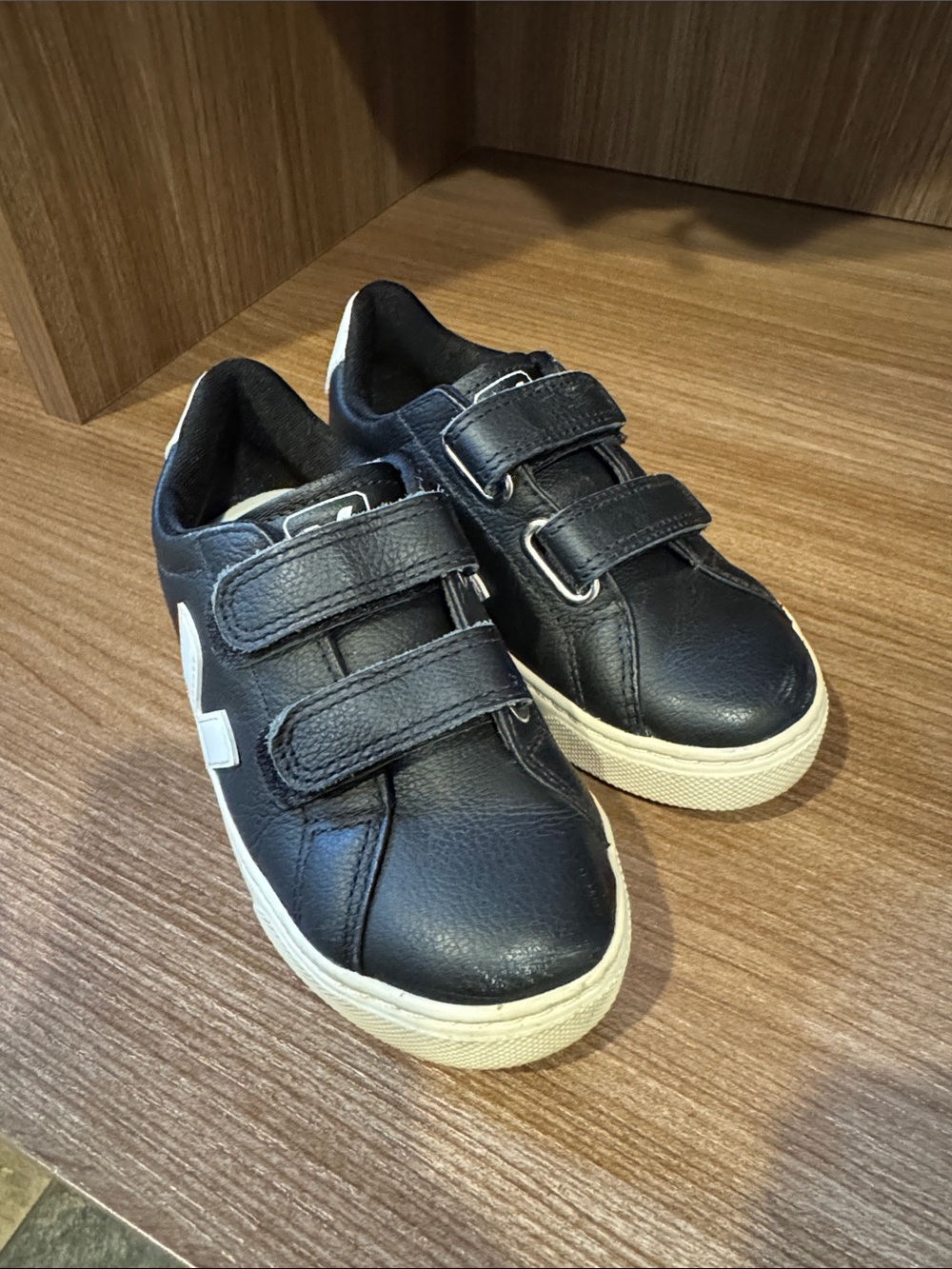 Veja Kids Black Velcro Sneakers with White Side V Logo